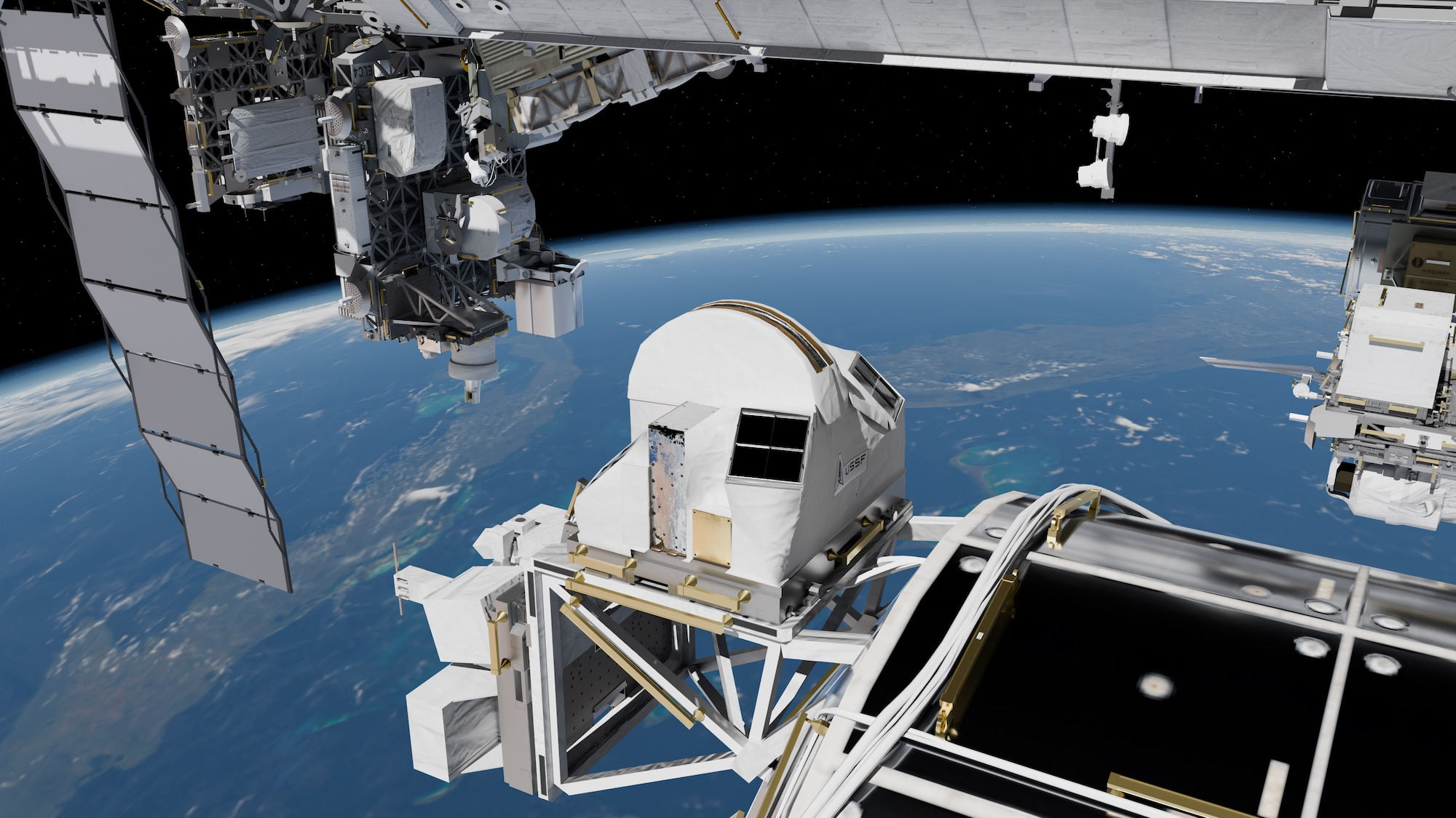 A conceptual image of the Space Test Program – Houston 11 payload, featuring the STORIE instrument that will be installed outside of the International Space Station’s Columbus module.