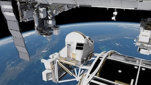 A conceptual image of the Space Test Program – Houston 11 payload, featuring the STORIE instrument that will be installed outside of the International Space Station’s Columbus module.