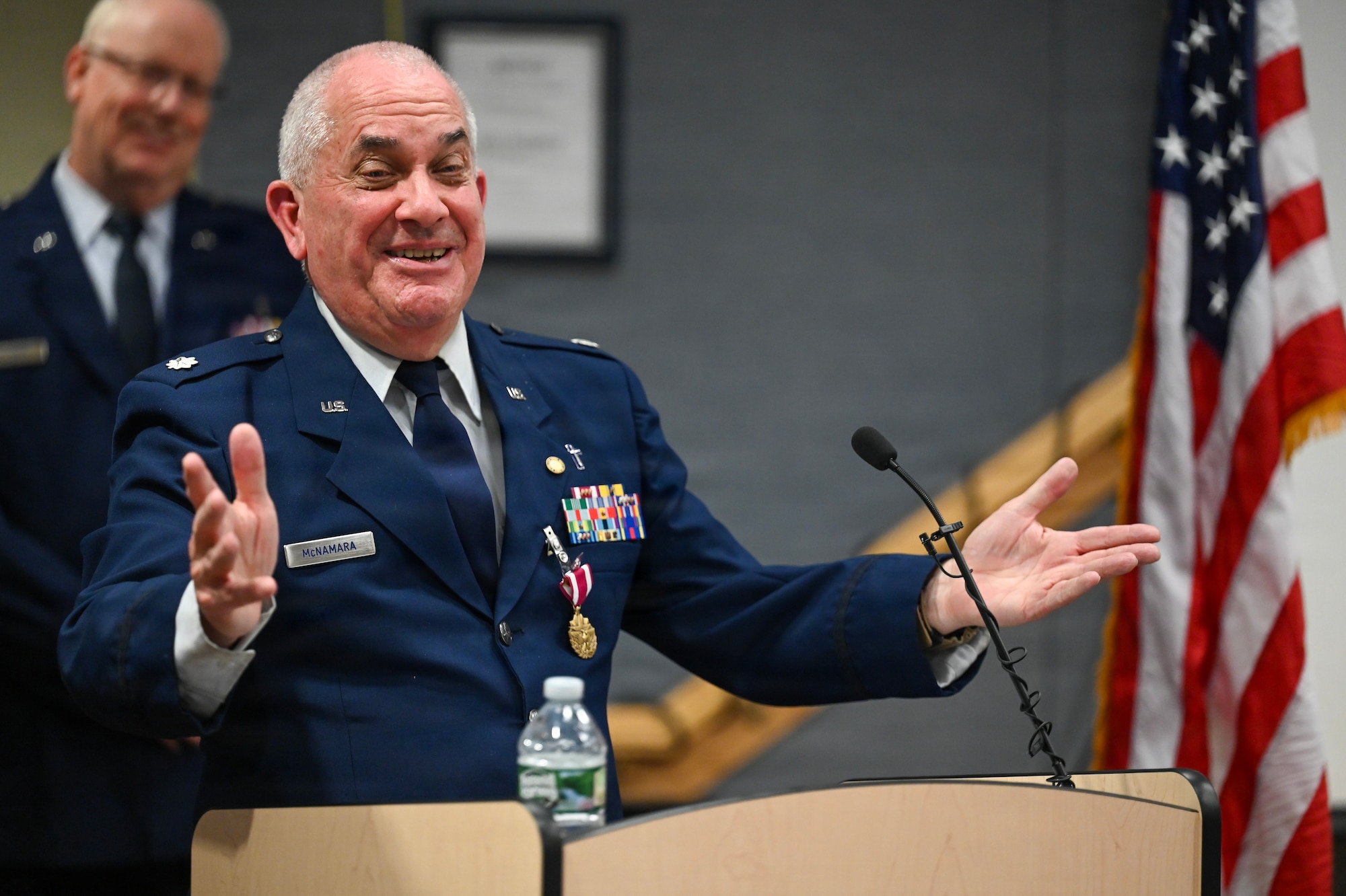 U.S. Air Force Lt. Col. Brian J. McNamara, a 106th Rescue Wing Chaplain, delivers a speech during his retirement ceremony held at the 106th Rescue Wing, Francis S. Gabreski Air National Guard Base, NY, February 7, 2026. McNamara enlisted in the Air Force on February 23, 1981, and served for 44 years, retiring just shy of his 45th anniversary. (U.S. Air National Guard photo by TSgt. Daniel H. Farrell)