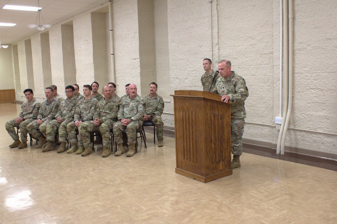 Lt. Col. Matthew Kreiter, executive officer of 34th Division Sustainment Brigade, Illinois Army National Guard, gives some remarks during the welcome home ceremony