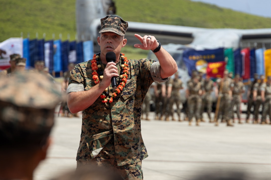 U.S. Marine Corps Col. Stephen DeTrinis, oncoming commanding officer of Marine Corps Base Hawaii, delivers remarks during the MCBH Change of Command Ceremony, May 21, 2026. Col. Jeremy Beaven relinquished command of MCBH to Col. Stephen DeTrinis. (U.S. Marine Corps photo by Lance Cpl. Tania Guerrero)