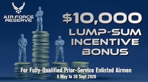 The Fiscal Year 2026 Summer Surge Incentive Program, available May 6 through Sept. 30, 2026, offers a $10,000 lump-sum payment to eligible enlisted Airmen who commit to a three-year service commitment in the Air Force Reserve to qualified service members who hold a three-skill level or higher in individual Air Force Specialty Codes. (U.S. Air Force graphic by Master Sgt. Della Creech)