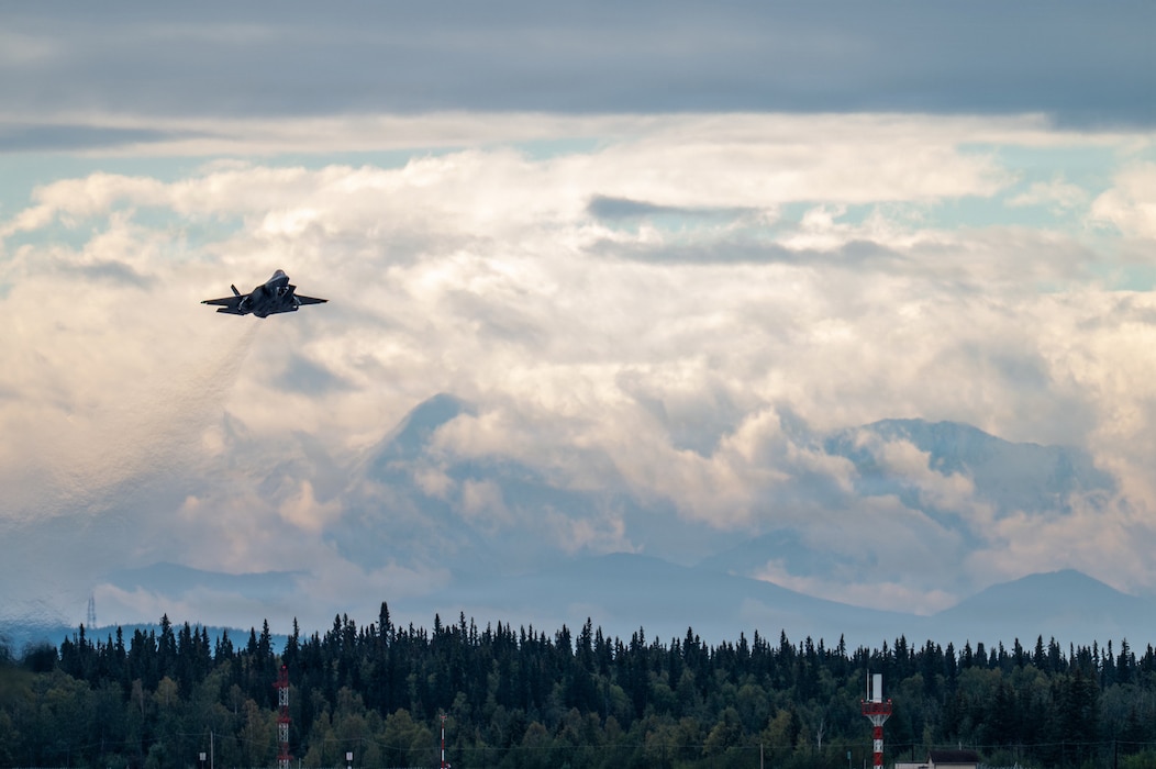 A U.S. Air Force F-35A Lightning II assigned to the 13th Fighter Squadron at Misawa Air Base, Japan takes off during RED FLAG-Alaska 26-3 at Eielson Air Force Base, Alaska, Aug. 18, 2026.