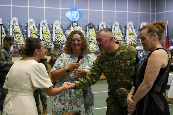 Australian Army Lt. Gen. Scott Winter, Deputy Commander of United Nations Command, greets family members of Maj. Arthur G. Bonifas during the 50th commemoration ceremony at Camp Bonifas on Aug. 18, 2026, honoring Maj. Bonifas and 1st Lt. Mark T. Barrett, who were killed in the 1976 “axe murder incident” in the Korean Demilitarized Zone.