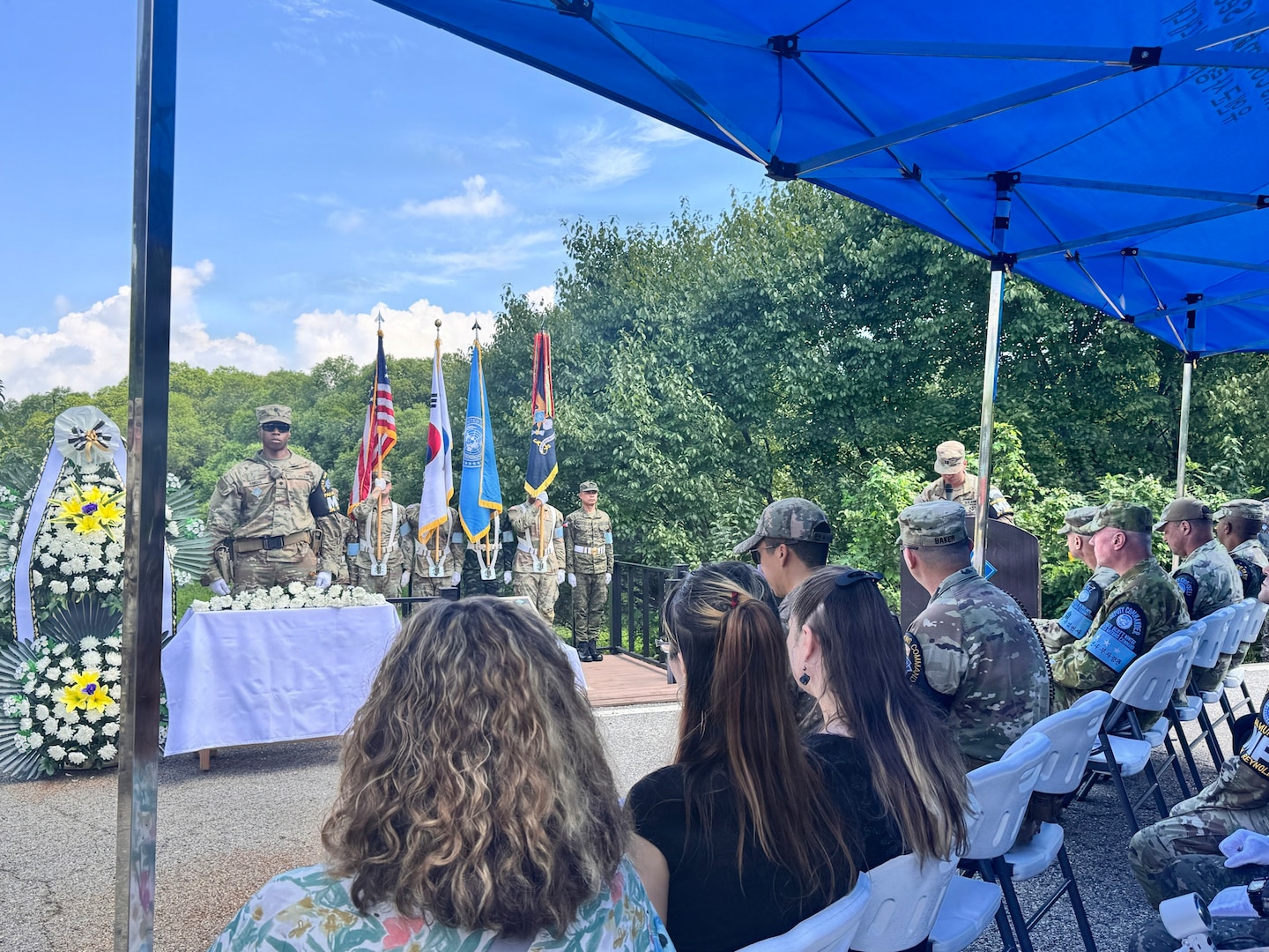 Family members of Maj. Arthur G. Bonifas and 1st Lt. Mark T. Barrett attend a ceremony at Camp Bonifas on Aug. 18, 2026, commemorating the two officers who were killed during the 1976 “axe murder incident” in the Korean Demilitarized Zone. (U.S. Army photo by In Kyeong (Stacey) Yun)