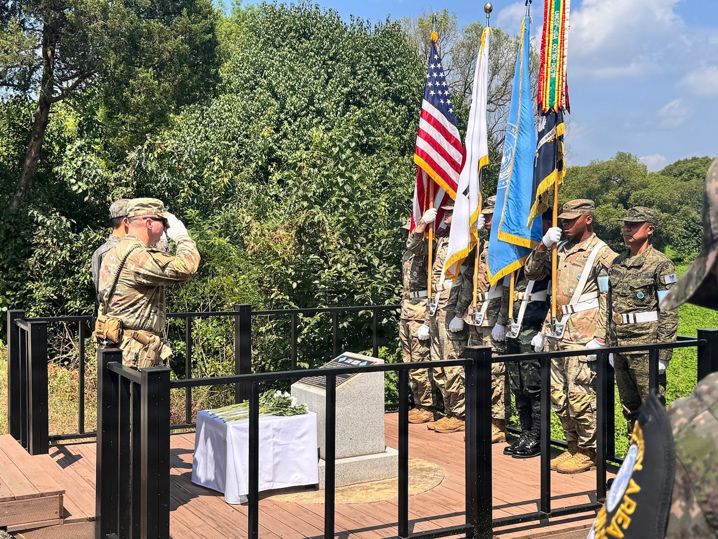 Family members of Maj. Arthur G. Bonifas and 1st Lt. Mark T. Barrett attend the 50th commemoration ceremony at Camp Bonifas on Aug. 18, 2026, honoring the two officers killed in the 1976 “axe murder incident” in the Korean Demilitarized Zone.