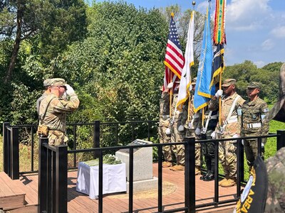 Family members of Maj. Arthur G. Bonifas and 1st Lt. Mark T. Barrett attend the 50th commemoration ceremony at Camp Bonifas on Aug. 18, 2026, honoring the two officers killed in the 1976 “axe murder incident” in the Korean Demilitarized Zone.