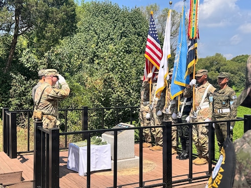 Family members of Maj. Arthur G. Bonifas and 1st Lt. Mark T. Barrett attend the 50th commemoration ceremony at Camp Bonifas on Aug. 18, 2026, honoring the two officers killed in the 1976 “axe murder incident” in the Korean Demilitarized Zone.