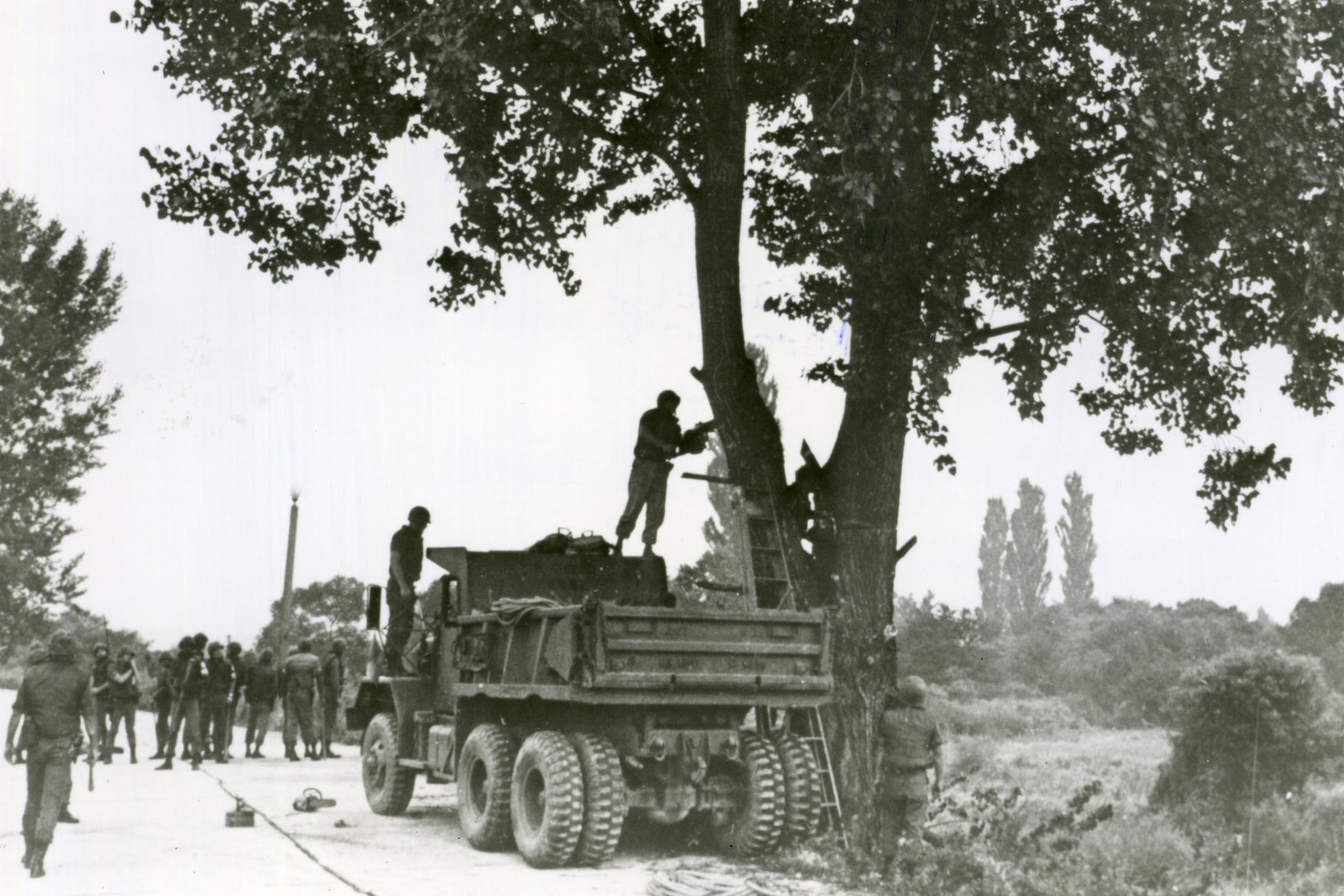 U.S. and South Korean military forces conduct Operation Paul Bunyan at the joint security area in the Korean Demilitarized Zone, Aug. 21, 1976. The combined forces executed the mission to cut down a tree in the security area following an attack by North Korean guards that killed two U.S. soldiers three days earlier.