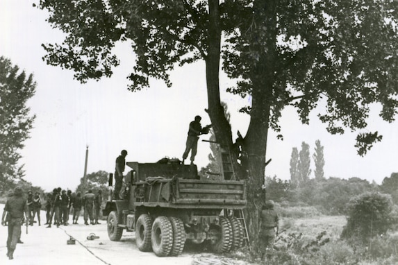 U.S. and South Korean military forces conduct Operation Paul Bunyan at the joint security area in the Korean Demilitarized Zone, Aug. 21, 1976. The combined forces executed the mission to cut down a tree in the security area following an attack by North Korean guards that killed two U.S. soldiers three days earlier.