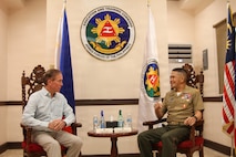 Steve Castonguay, Deputy Director for the U.S. Pacific Command’s Center for Excellence in Disaster, meets with Philippine Marine Corps Brig. Gen. Alexander G. Gigatone, Deputy Commander for the Armed Forces of the Philippines’ (AFP) Education and Training Command, during the AFP Command and General Staff College at Camp Aguinaldo, Philippines 3 August.