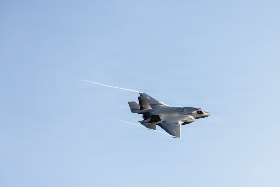 A U.S. Marine Corps F-35B Lightning II with Marine Fighter Attack Squadron (VMFA) 231, Marine Aircraft Group 14, 2nd Marine Aircraft Wing, prepares to land at Marine Corps Air Station Cherry Point, North Carolina, Aug. 12, 2026. The arrival of the F-35B Lightning II aircraft marked another step in VMFA-231’s preparation for official activation as an F-35B Lightning II squadron. (U.S. Marine Corps photo by Lance Cpl. Donovan Pimentel)
