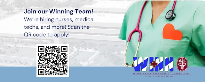 Exciting career opportunities at Winn ACH! We're hiring Medical Technicians, Physicians, Advanced Practice Nurse Practitioners, Registered Nurses, and more. Join our team to provide vital clinical care, education, and training, supporting warfighter readiness. Serve those who serve.