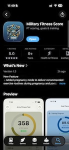 A screenshot shows the Apple App Store listing for "Military Fitness Score," a fitness app.