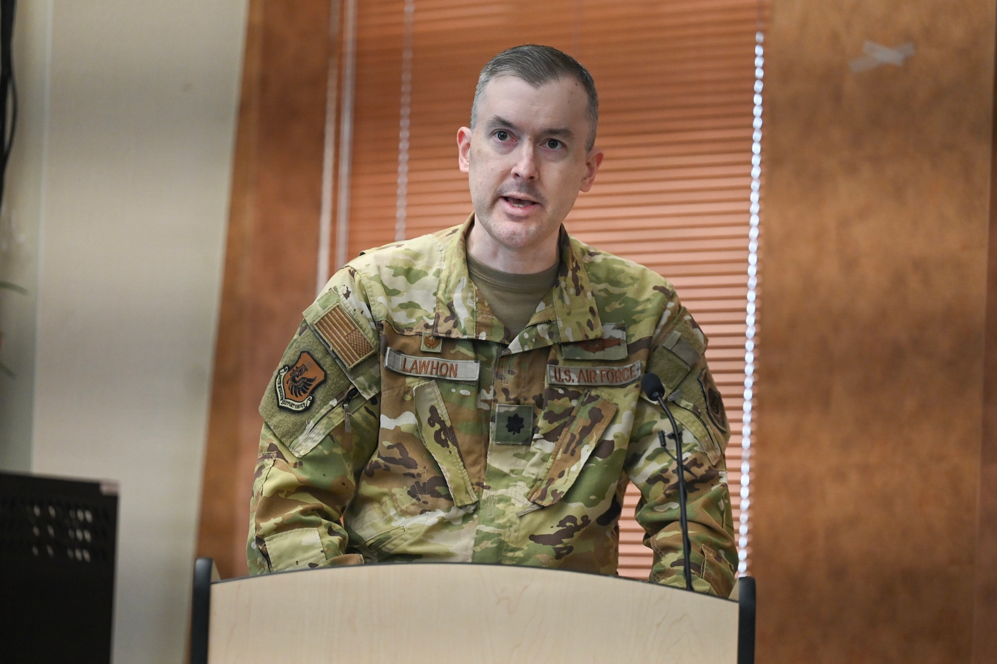 U.S. Air Force Lt. Col. Kevin Lawhon gives his remarks during a change of command ceremony held at Francis S. Gabreski Air National Guard Base, Westhampton Beach, N.Y., February 8, 2026. Lawhon assumes command of the 106th Mission Support Group from Col. Glyn Weir who has led the group since 2021. (U.S. Air National Guard photo by Staff Sgt. Sarah McKernan)