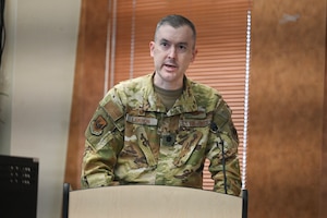 U.S. Air Force Lt. Col. Kevin Lawhon gives his remarks during a change of command ceremony held at Francis S. Gabreski Air National Guard Base, Westhampton Beach, N.Y., February 8, 2026. Lawhon assumes command of the 106th Mission Support Group from Col. Glyn Weir who has led the group since 2021. (U.S. Air National Guard photo by Staff Sgt. Sarah McKernan)