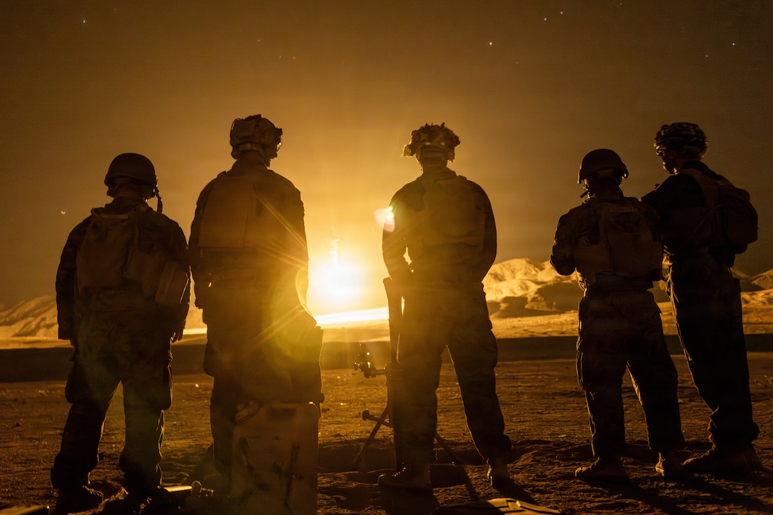 U.S. Marines with Weapons Company, 2nd Battalion, 1st Marine Regiment, 1st Marine Division, fire an illumination round during an M252 81 mm mortar range as a part of Adversary Force Exercise 4-26 at Marine Corps Air-Ground Combat Center Twentynine Palms, California, Aug. 9, 2026.