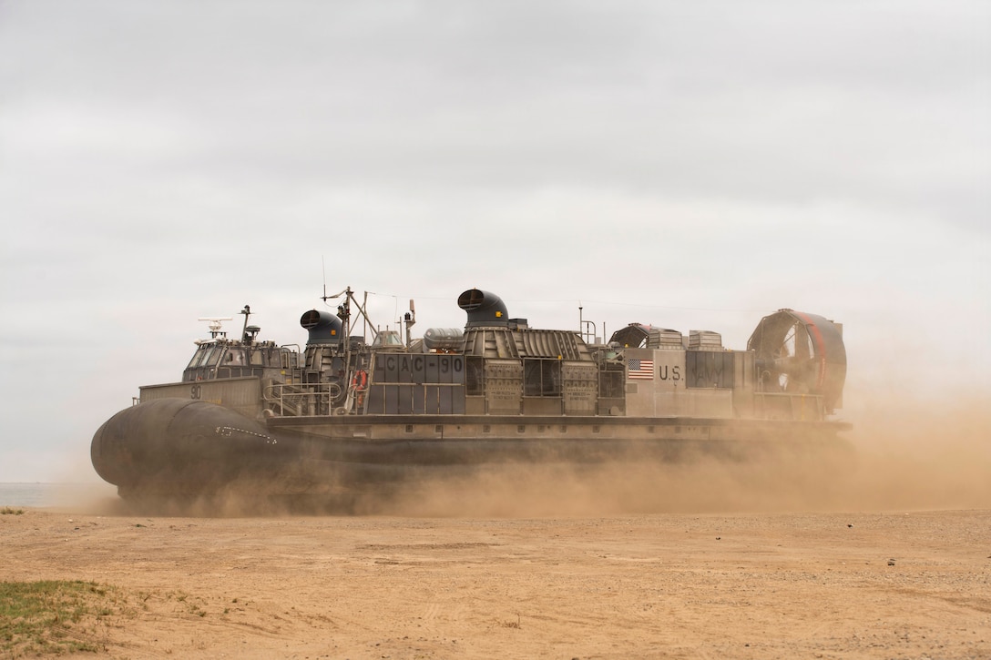 U.S. Navy Landing Craft, Air Cushion (LCAC) 90 attached to Assault Craft Unit 5 prepares to leave the beach during an in-stream offload at Marine Corps Base Camp Pendleton, Aug. 13, 2026.