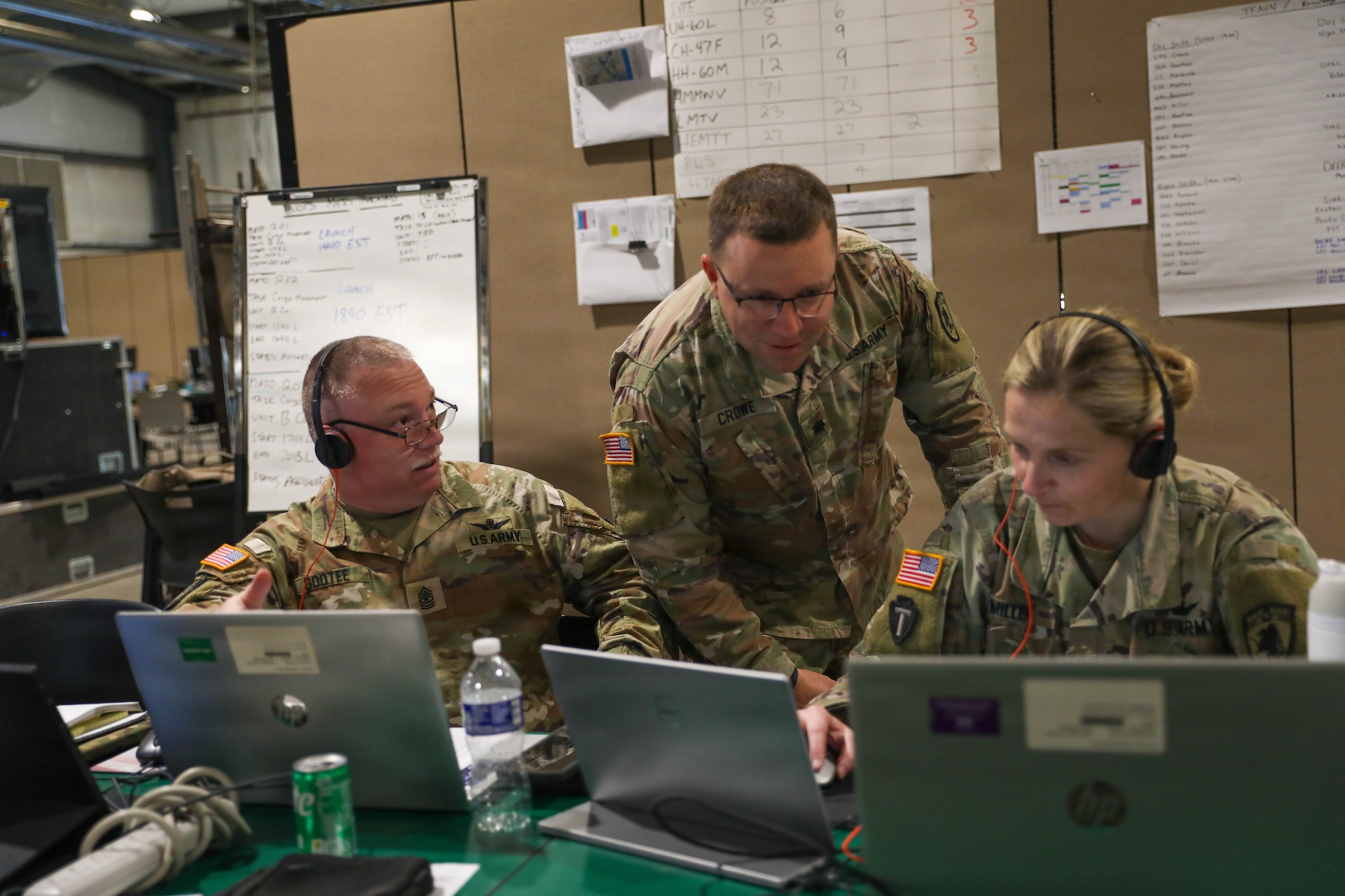 U.S. Army Lt, Col. William Crowe (center), the officer in charge, goes over the missions with Sgt. Maj. Jerry ‘Allen’ Gootee (left), operations sergeant major, and Maj. Jessica Miller (right), the Brigade S3 (operations, training and plans), all with the 63rd Theater Aviation Brigade, during Vibrant Response 2026 at Camp Atterbury, Indiana, Apr. 23, 2026.