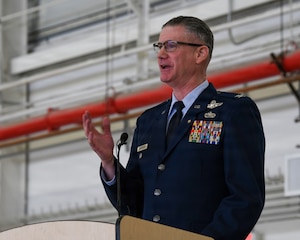 New York Air National Guard Col. Andrew J. Wineberger speaks during his retirement ceremony at Francis S. Gabreski Air National Guard Base in Westhampton Beach, N.Y., March 7, 2026. Wineberger, a command pilot with more than 4,300 flight hours, retired after 39 years of service with the 106th Rescue Wing. (U.S. Air National Guard photo by Tech. Sgt. Kevin Donaldson)