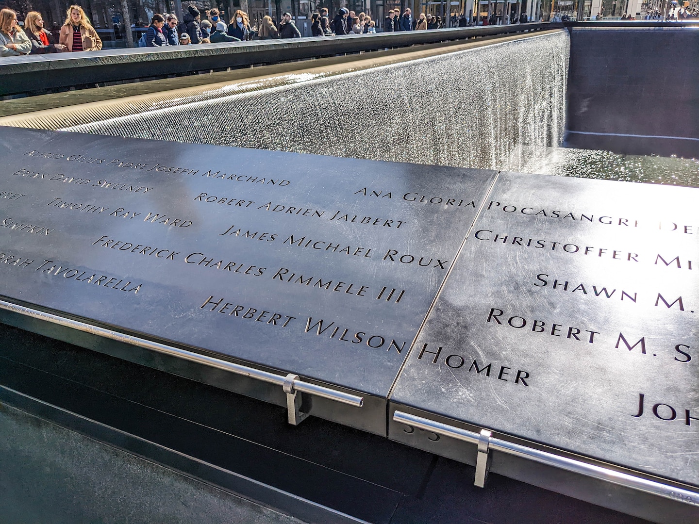 Metal sign at the Sept. 11 Memorial in New York with names, including Herb Homer's name.
