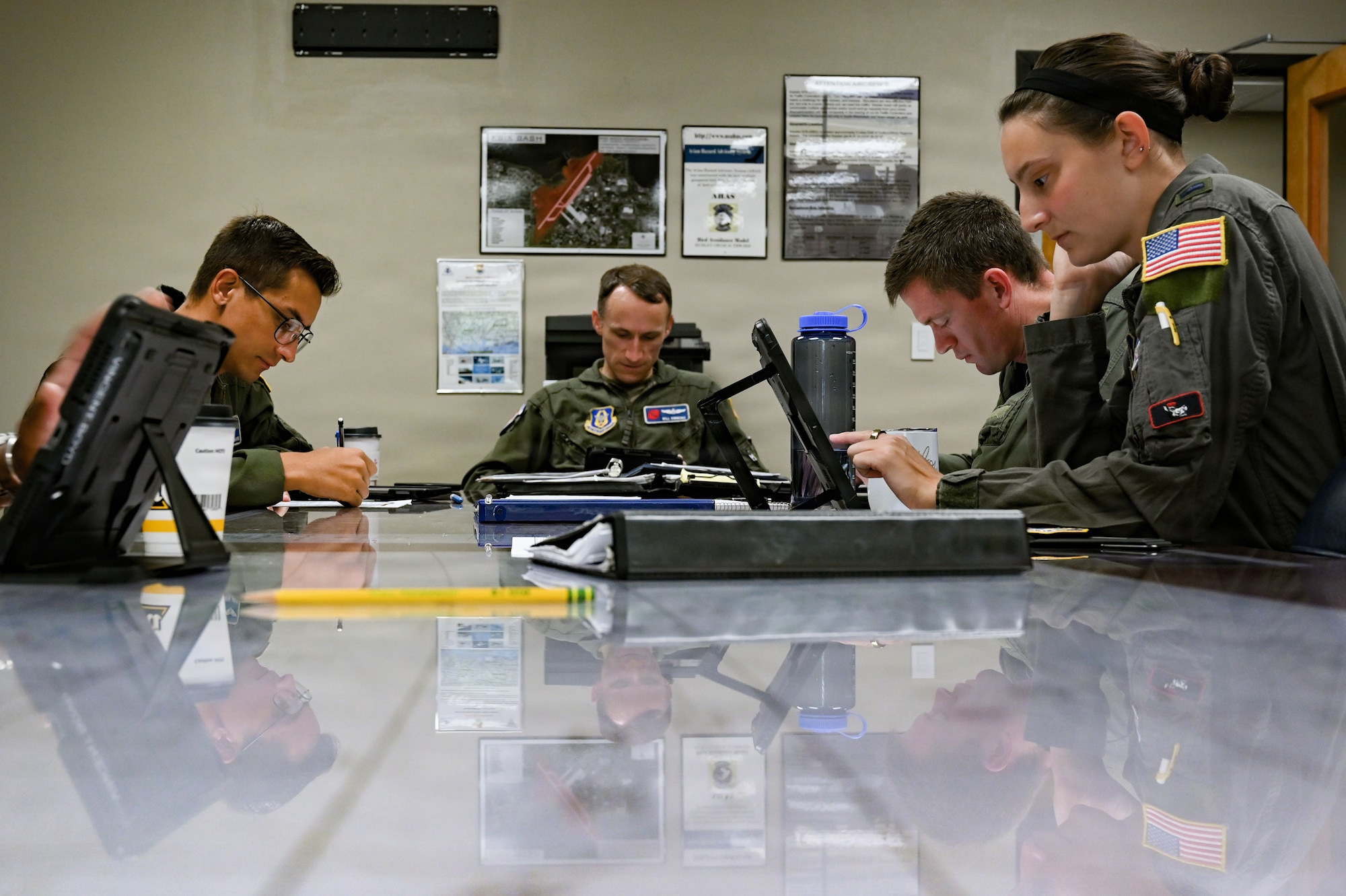 U.S. Air Force reservists conduct a pre-flight briefing
