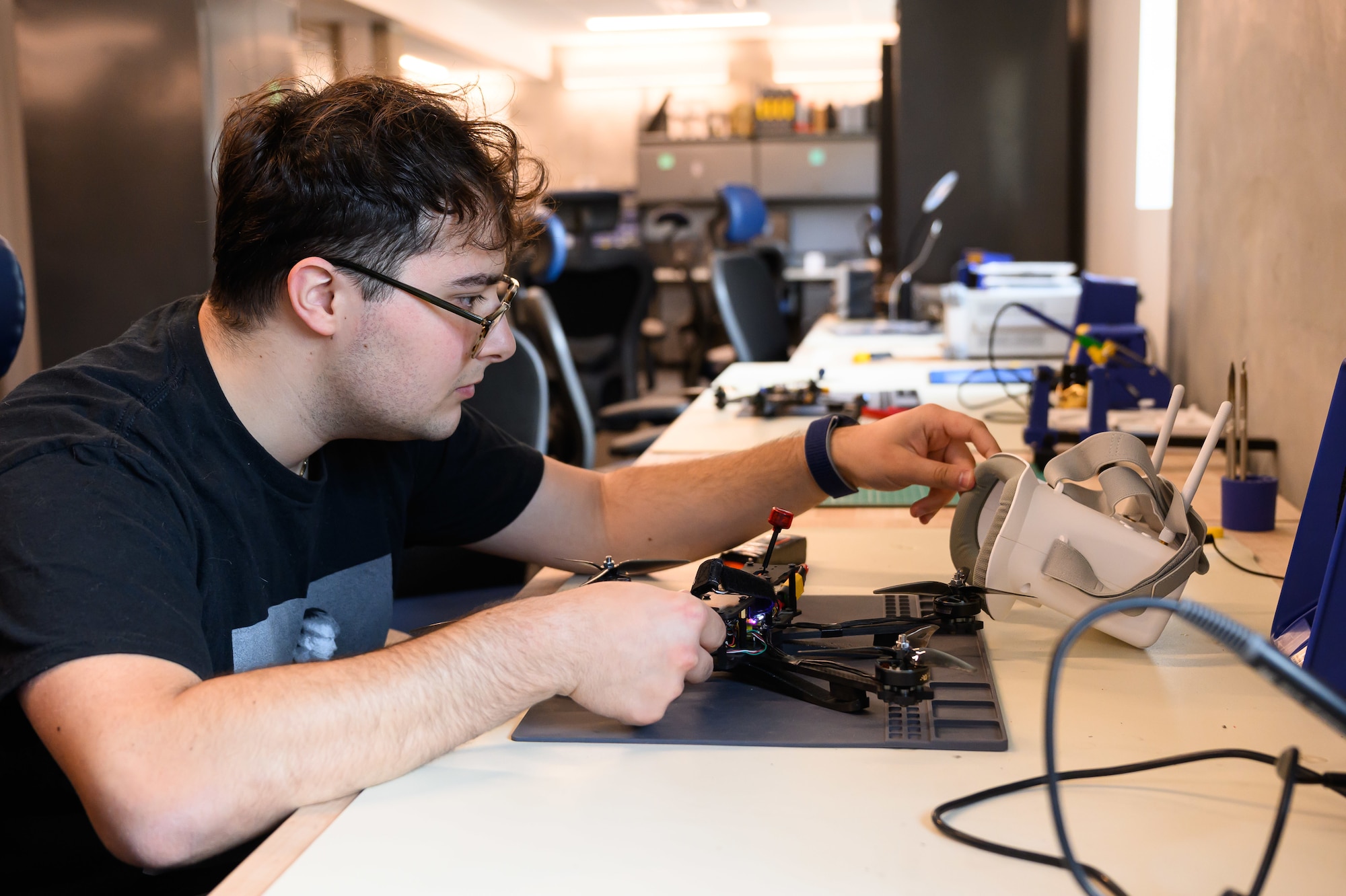 Charbel Salloum, 309th Software Engineering Group, works on a drone at Hill Air Force Base, Utah, June 20, 2026. Operating out of the 309th Engineering Group's "Launch Pad," the Black Knights team delivers custom, Blue-listed drones for the cost of components and parts. The team also assists with flight training and certification for its customers. (U.S. Air Force photo by R. Nial Bradshaw)