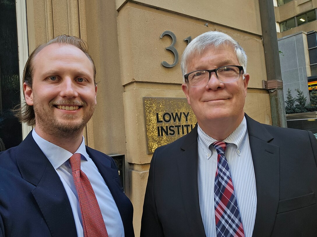 Dr. Tom Lynch (INSS) is pictured in front of the Lowy Institute in Sydney, Australia.