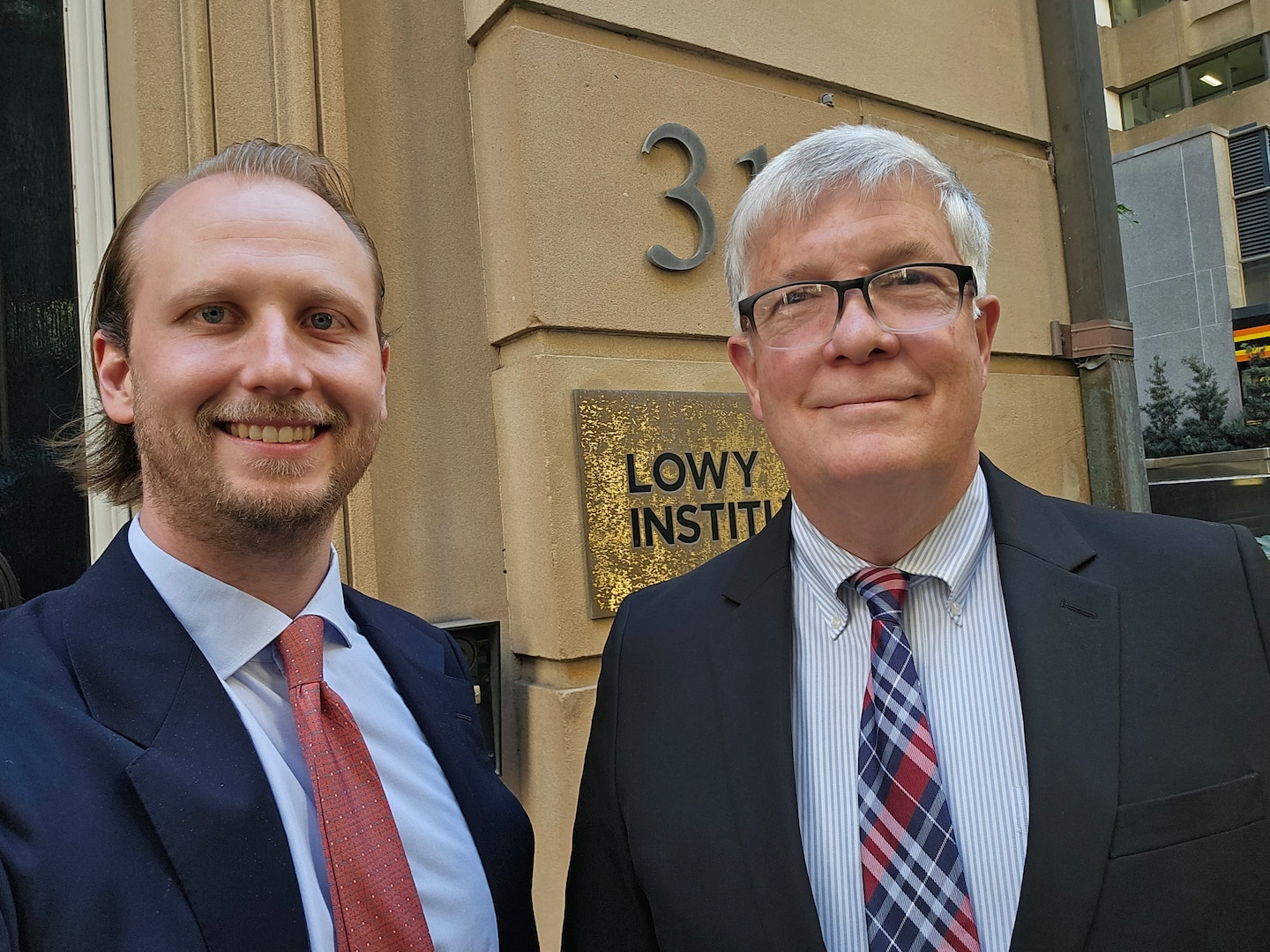 Dr. Tom Lynch (INSS) is pictured in front of the Lowy Institute in Sydney, Australia.