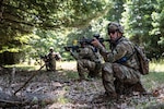 U.S. Air National Guard civil engineers establish a defensive perimeter as part of dismounted operations training during Patriot Forge II at Fort Devens, Massachusetts, Aug. 11, 2026. The training event was designed to support Agile Combat Employment tactics and increase resiliency, survivability and superior combat power. Photo by Senior Airman Gadiel Concepcion Adorno.