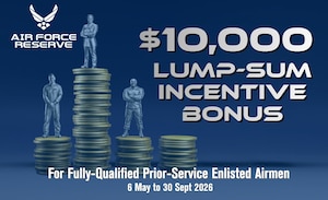 The Fiscal Year 2026 Summer Surge Incentive Program, available May 6 through Sept. 30, 2026, offers a $10,000 lump-sum payment to eligible enlisted Airmen who commit to a three-year service commitment in the Air Force Reserve to qualified service members who hold a three-skill level or higher in individual Air Force Specialty Codes. (U.S. Air Force graphic by Master Sgt. Della Creech)