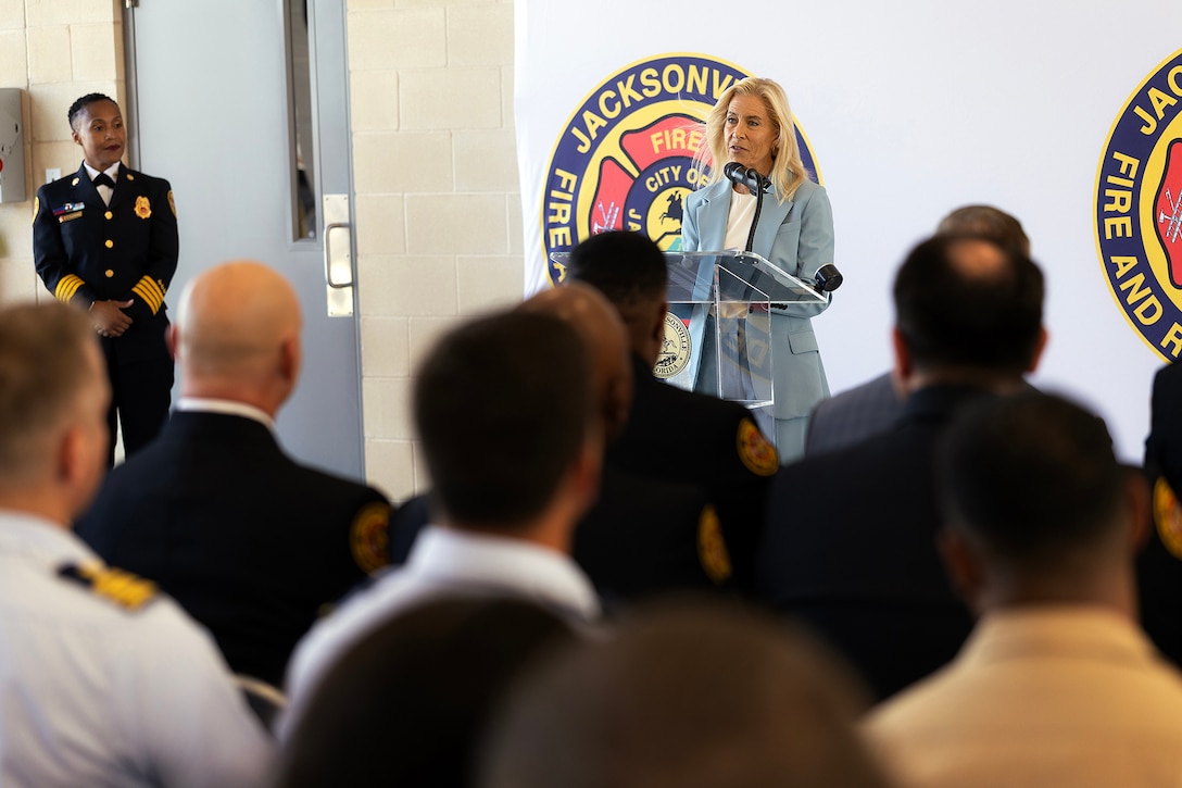 Jacksonville Mayor Donna Deegan delivers remarks Aug. 19, 2026, during the Fire Station 48 opening ceremony on Blount Island in Jacksonville, Florida. The new station, located immediately outside Marine Corps Support Facility Blount Island’s main gate, expands emergency response capability for the installation, the Jacksonville Port Authority’s Blount Island Marine Terminal and nearby communities. (U.S. Marine Corps photo by Dustin Senger)