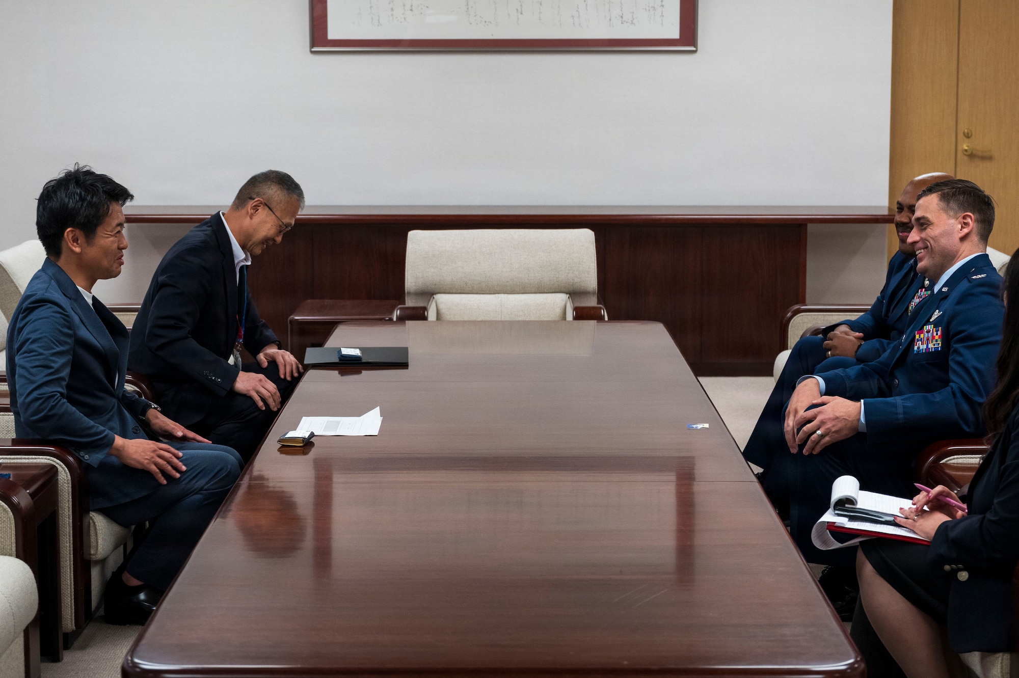 U.S. Air Force Col. Oliver Lause, 35th Fighter Wing commander, right, meets with Aomori Prefecture Gov. Sōichirō Miyashita, left, during an introductory office call in Aomori City, Japan, Aug. 19, 2026.