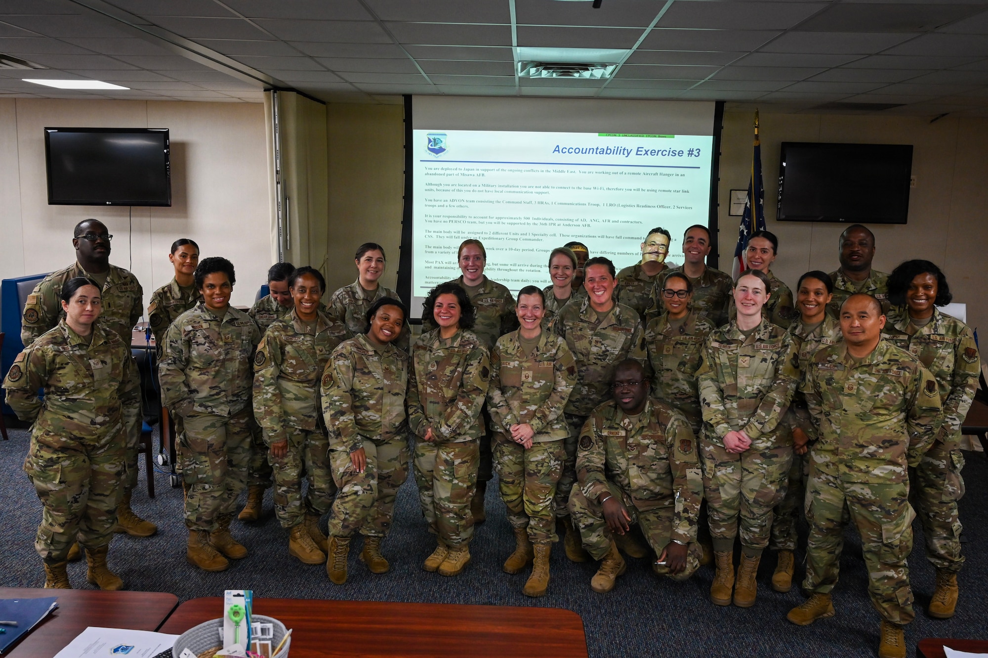 Pennsylvania Air National Guard Airmen assigned to the 111th Force Support Squadron participate in a Home Station Readiness Training briefing at Biddle Air National Guard Base, Horsham, Pennsylvania, Aug. 11, 2026. Every 24 months, trainings like these are required to stay ready for deployments (Pennsylvania Air National Guard photo by Staff Sgt. Charles Casner)