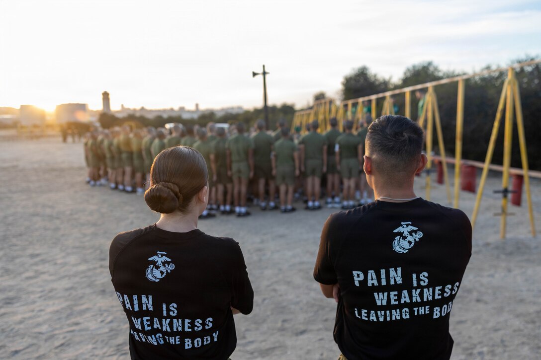 U.S. Marines with Recruiting Station South Texas, 8th Marine Corps District, observe an initial-strength test aboard Marine Corps Recruit Depot San Diego, Calif., April 24, 2026.  The Recruiting Station South Texas Marines reflected on the first half of the year, assessing performance, identifying strengths and areas for improvement, and enhancing how they mentor, guide, and prepare poolees throughout the enlistment process for success in recruit training. (U.S. Marine Corps photo by Cpl. Christian Salazar)