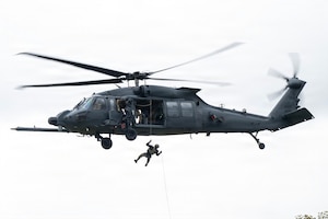 U.S. Air Force pararescuemen assigned to the New York Air National Guard 106th Rescue Wing conduct rappel operations during an Air Combat Command Combat Readiness Inspection at Fort Drum, New York, May 14, 2026. Combat Readiness Inspections are designed to assess a unit’s ability to quickly mobilize, deploy and carry out mission-essential tasks in challenging and contested environments. (U.S. Air National Guard photo by Staff Sgt. Sarah McKernan)