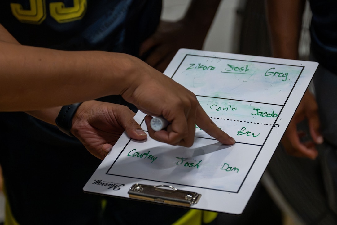 Hand points at a clip board.