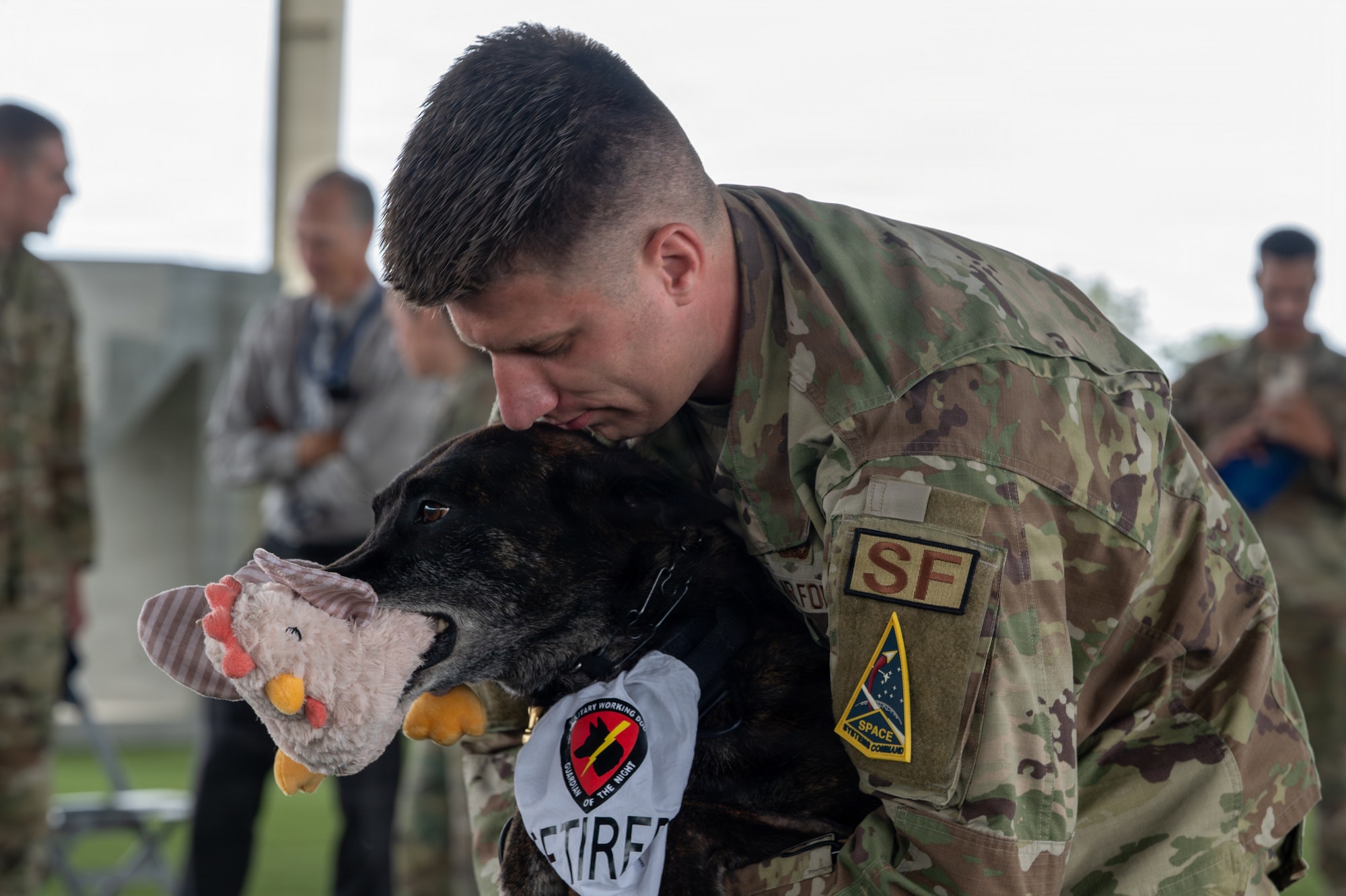 A dog is held by its handler