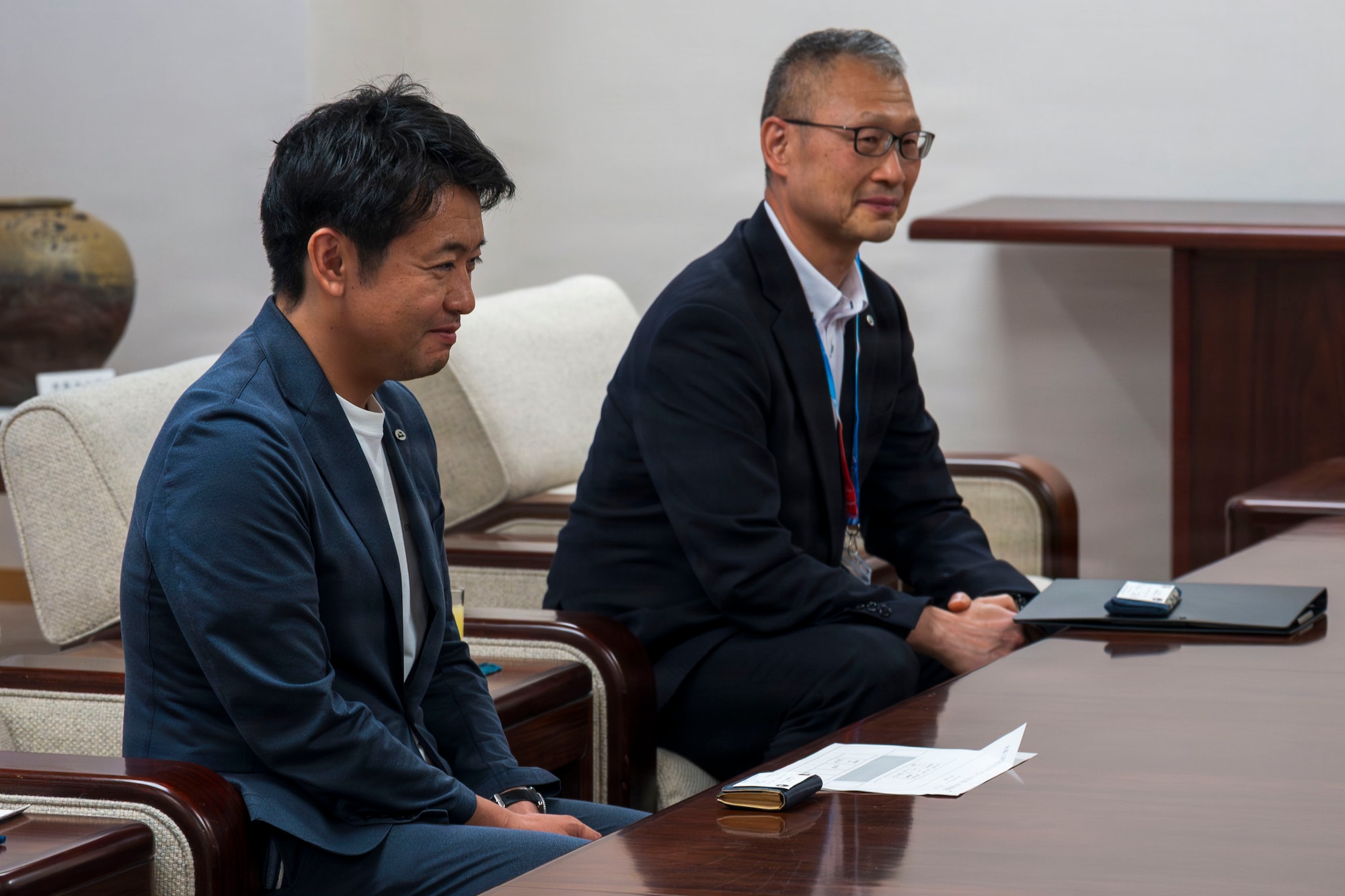 Aomori Prefecture Gov. Sōichirō Miyashita, left, meets with 35th Fighter Wing leaders during an introductory office call in Aomori City, Japan, Aug. 19, 2026.