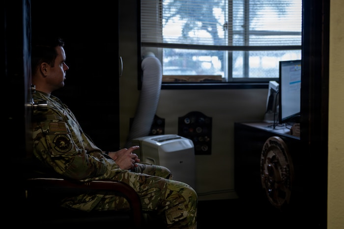 U.S. Air Force Tech. Sgt. Jeffrey Thompson, 35th Maintenance Squadron (MXS) transient alert section chief, receives a debrief from Master Sgt. Benjamin Israel 35th MXS wheel and tire section chief, on the shift turnover.