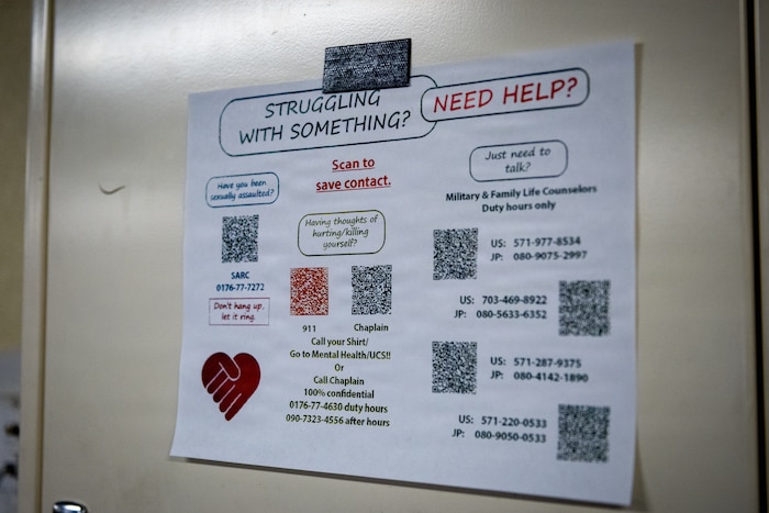 A mental health and resiliency resources sheet is displayed in the 35th Maintenance Squadron meeting room.