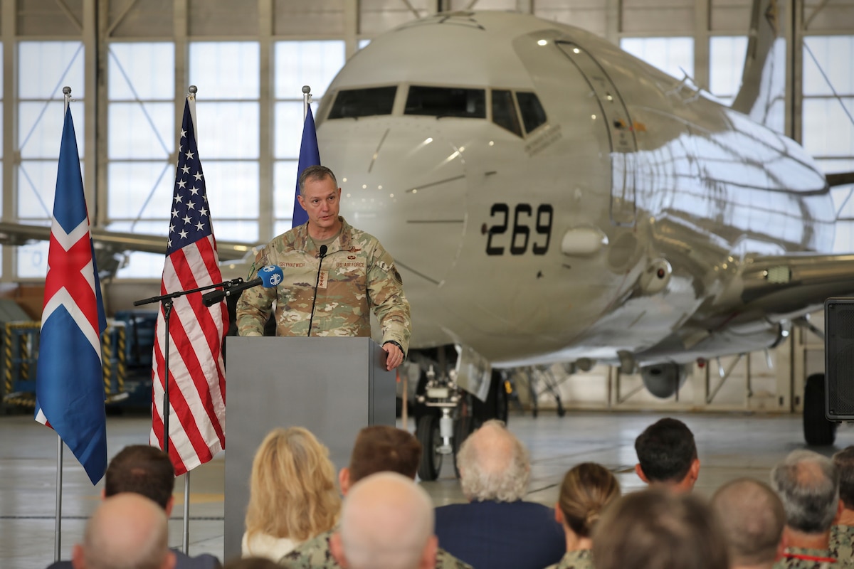 U.S. Air Force Gen. Alexus G. Grynkewich, NATO Supreme Allied Commander Europe, commander of U.S European Command, delivers remarks during the opening ceremony of exercise Northern Viking 26 (NV26) at Keflavik Air Base, Iceland