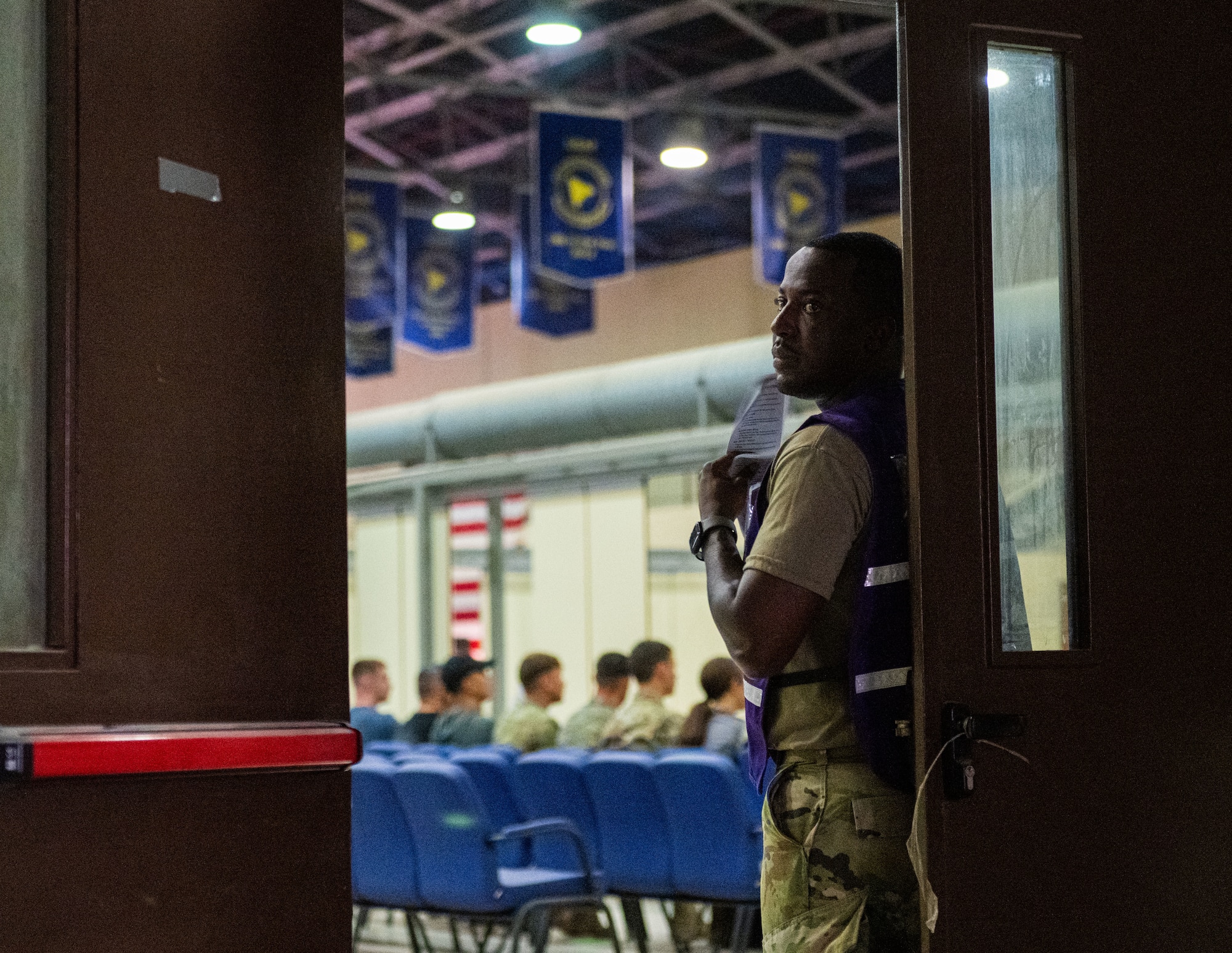 A U.S. Airman assigned to the 39th Medical Group monitors participant flow.
