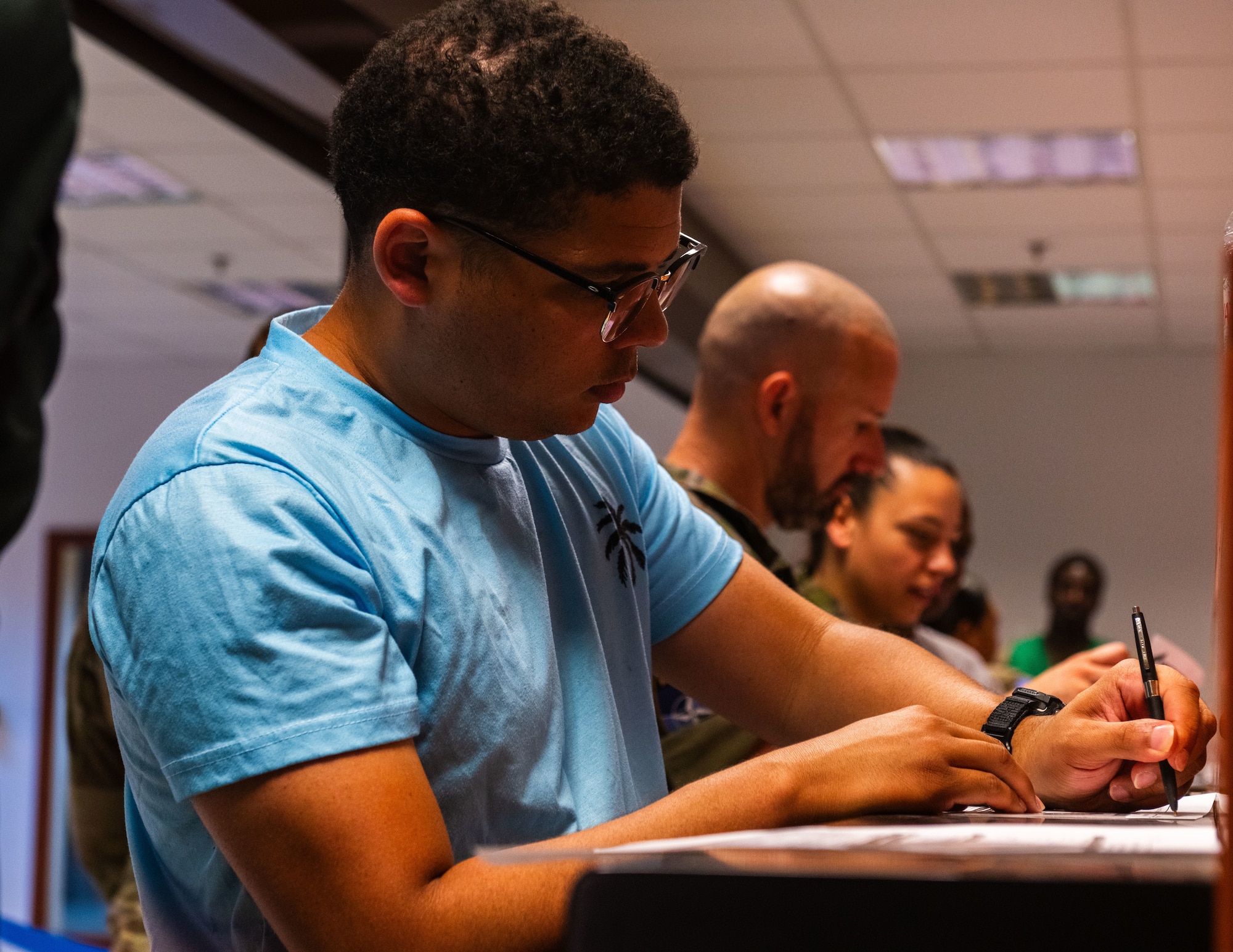 U.S. Air Force Staff Sgt. William Blandino, 39th Medical Group public health emergency exercise participant, completes documentation