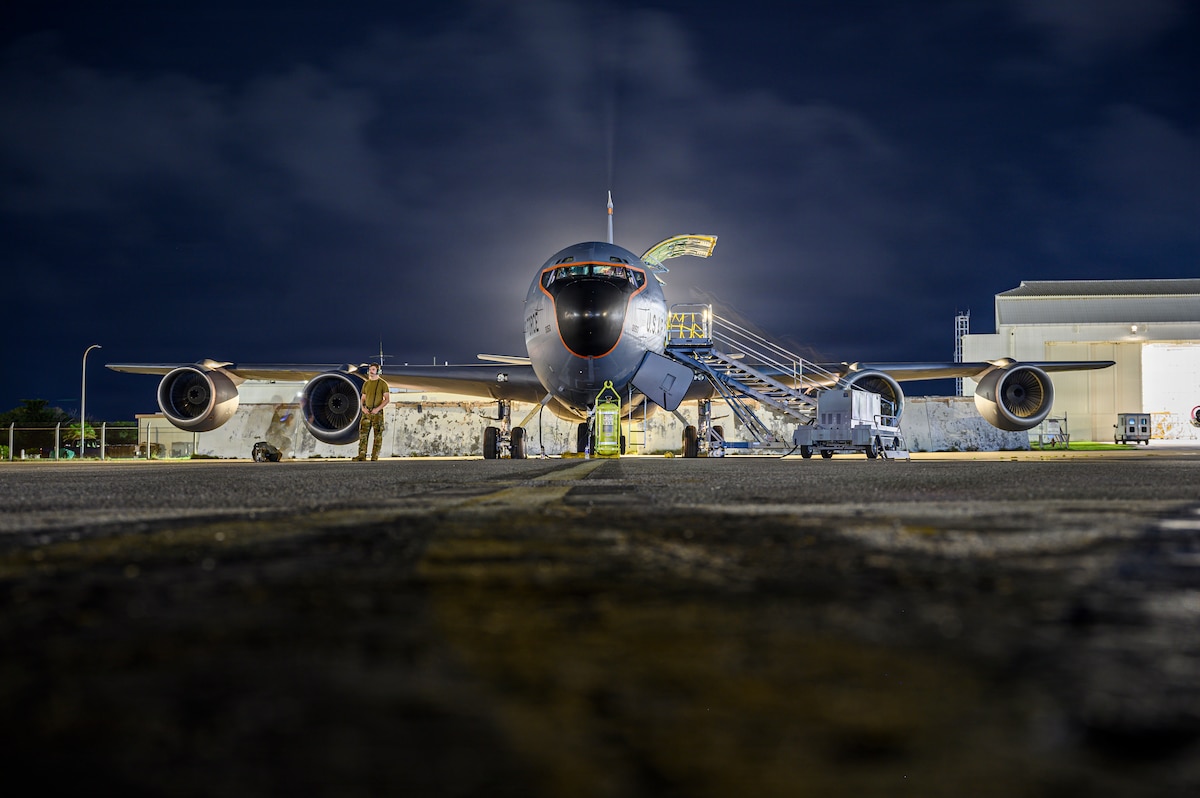 U.S. Air Force Maintainers assigned to the 718th Aircraft Maintenance Squadron conduct preflight inspections on a KC-135 Stratotanker assigned to the 909th Air Refueling Squadron at Kadena Air Base, Japan, Aug. 4, 2026. The maintainers verified aircraft systems and equipment ahead of Typhoon Dolphin to ensure the aircraft was ready to support evacuation operations and preserve operational capability. (U.S. Air Force photo by Airman 1st Class Francisco Huerta)