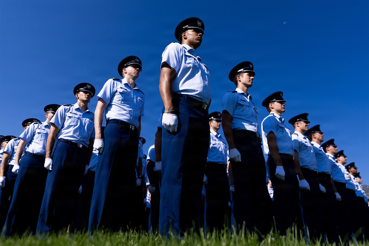 Basic cadets from the U.S. Air Force Academy Class of 2030 stand in formation during the Acceptance Day Parade at Stillman Field in Colorado Springs, Colo., Aug. 5, 2026. The parade marks the conclusion of Basic Cadet Training and formally welcomes the Class of 2030 into the Cadet Wing as fourth-class cadets after six weeks of mental, physical and military training. (U.S. Air Force photo by Ray Bahner)