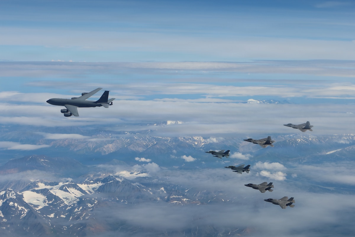 F-35A Lightning IIs, F-16 Fighting Falcons, F-22 Raptors and a KC-135 Stratotanker conduct sorties over the Joint Pacific Alaska Range Complex near Eielson Air Force Base, Alaska, Aug. 13, 2026. The flight provided Gen. Gregory Guillot, commander of North American Aerospace Defense Command and U.S. Northern Command, and Danish Gen. Michael Hyldgaard, chief of defense, a firsthand look at Alaska’s unique training environment while highlighting U.S. and allied readiness and cooperation in the Arctic. (Courtesy photo)