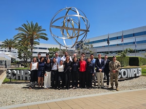 Members and the Instructor Cadre of Space Systems Command’s inaugural Civilian Guardian Jumpstart Pilot Program pose in front of Space Systems Command’s Armillary Sphere at Los Angeles Airforce Base on July 30, 2026. The program is designed to accelerate onboarding, integration, and mission readiness for newly hired SSC civilian acquisition employees. (Courtesy photo)