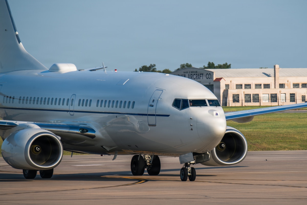 An aircraft transporting Secretary of the Air Force Troy Meink arrives at McConnell Air Force Base, Kansas, Aug. 12, 2026. Dr. Meink, the 27th Secretary of the Air Force, visited McConnell to engage with Airmen and leadership to discuss Air Force priorities. Secretary Meink is responsible for organizing, training and equipping the U.S. Air Force and Space Force. (U.S. Air Force photo by Airman Matthew Nguyen)