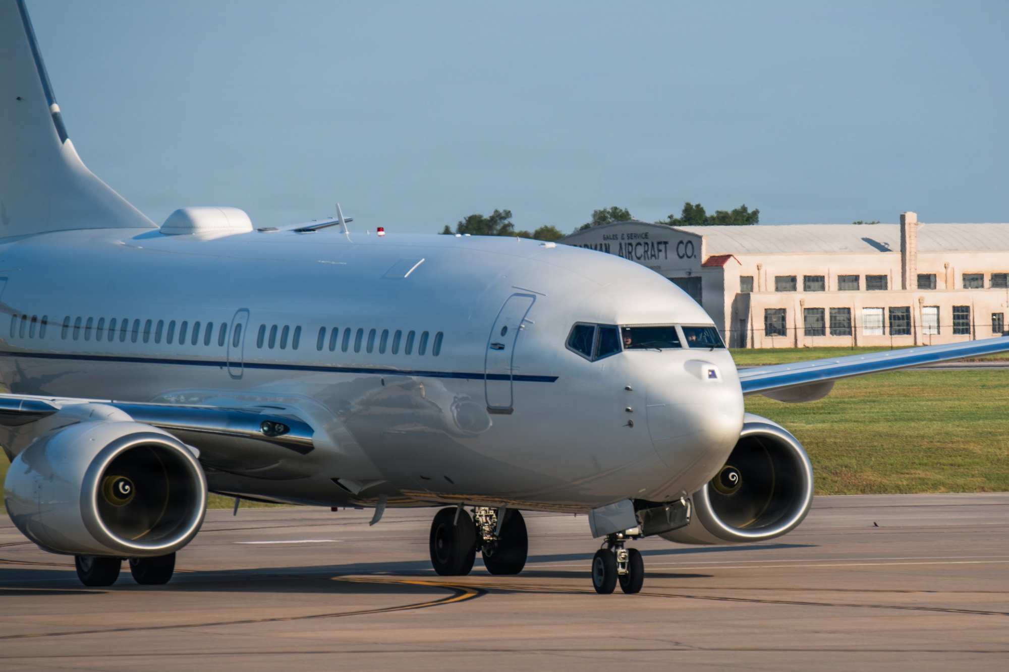 An aircraft transporting Secretary of the Air Force Troy Meink arrives at McConnell Air Force Base, Kansas, Aug. 12, 2026. Dr. Meink, the 27th Secretary of the Air Force, visited McConnell to engage with Airmen and leadership to discuss Air Force priorities. Secretary Meink is responsible for organizing, training and equipping the U.S. Air Force and Space Force. (U.S. Air Force photo by Airman Matthew Nguyen)